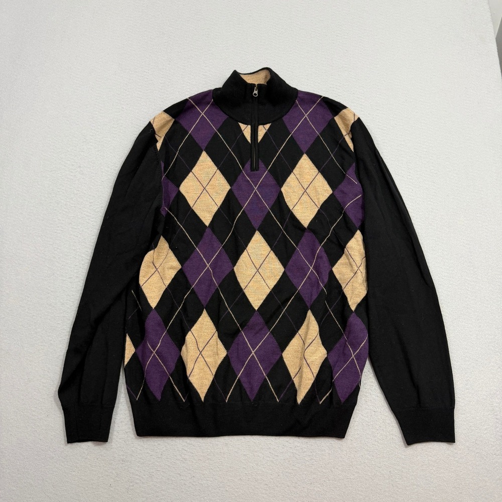 Vintage Bachrach Sweater XL Black Argyle Italian Merino Wool 1/4 Zip Pullover